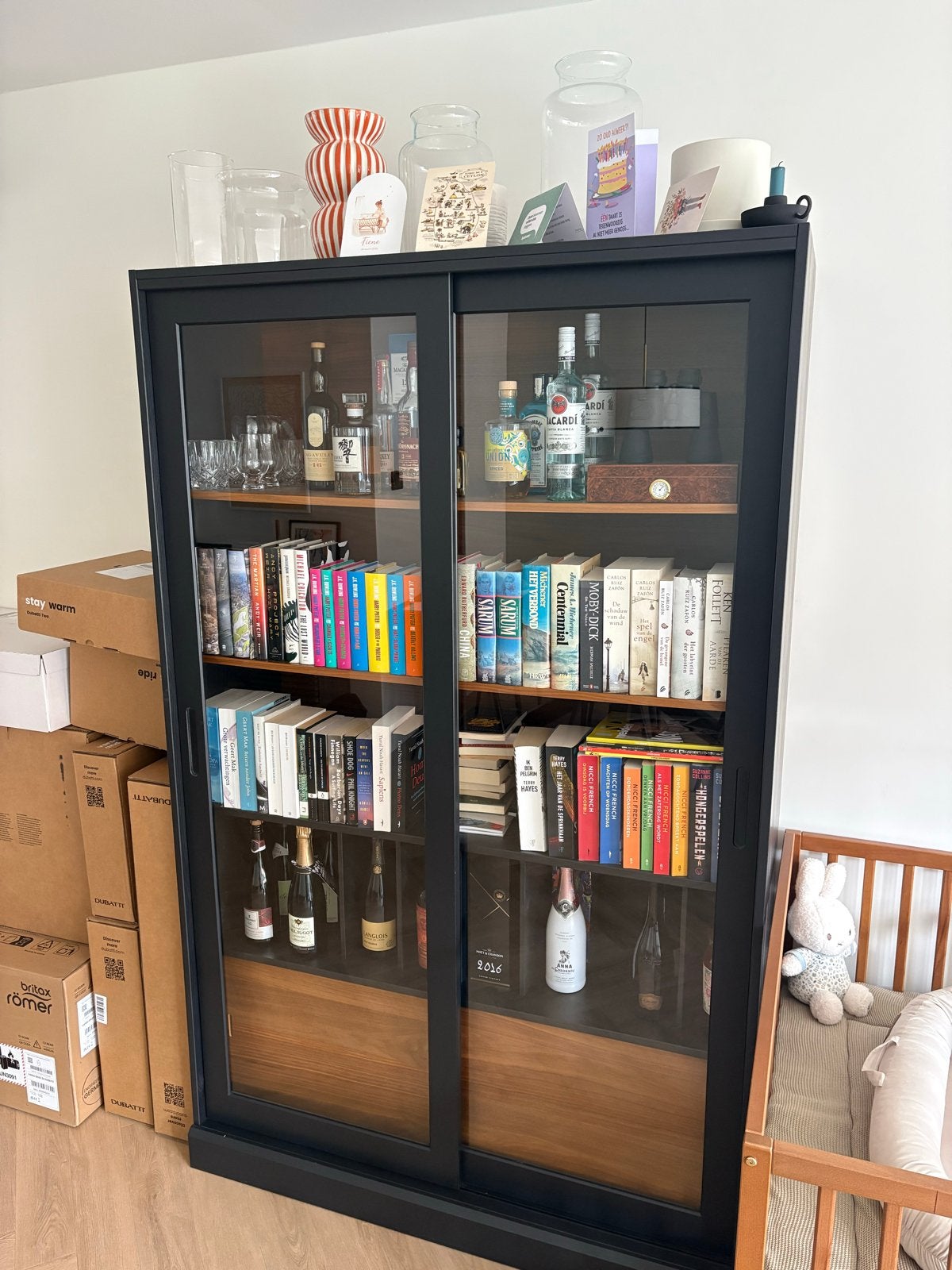Wandkast/boekenkast zwart, Ophalen, 100 tot 150 cm, 200 cm of meer, Zo goed als nieuw