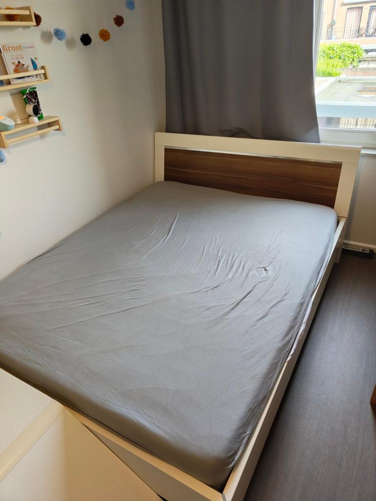 Tweepersoonsbed 160x200 cm met houten hoofdbord, Ophalen, Wit, Tweepersoons, 160 cm