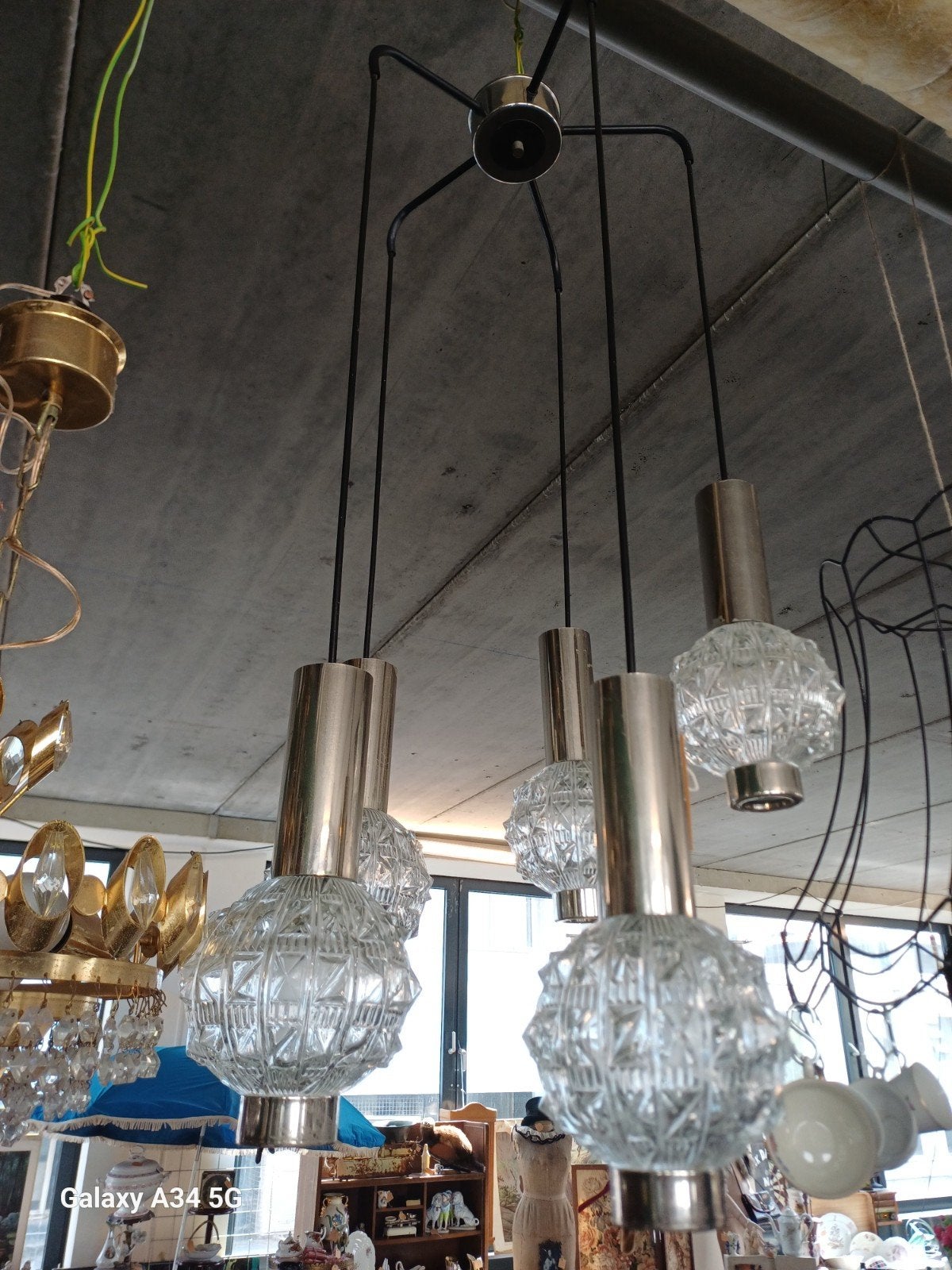 Vintage Hanglamp met 5 Glazen Bollen, Ophalen of Verzenden