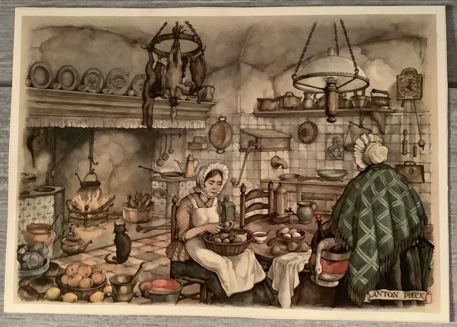 4 Anton Pieck Prenten: Curiosawinkel, Keuken, Klokkenmaker, Antiek en Kunst, Ophalen of Verzenden, Print, Prent, Gesigneerd