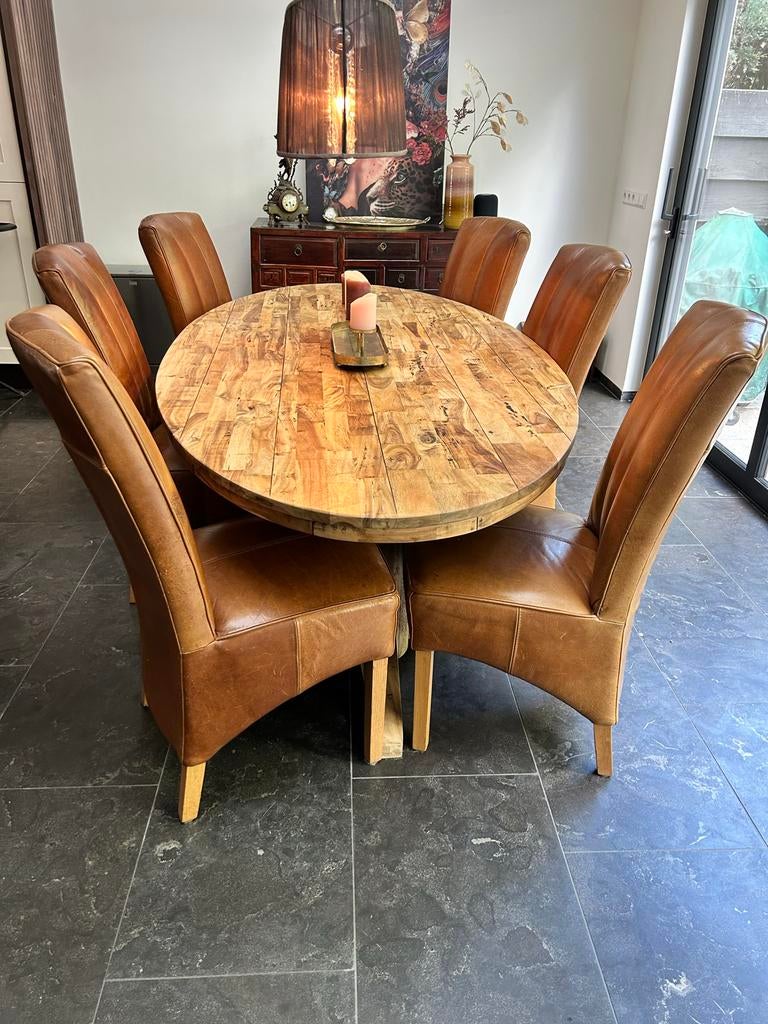 Complete Teak Houten Eetkamerset met 6 Lederen Stoelen, Ophalen of Verzenden, Gebruikt, 6 tot 8 stoelen