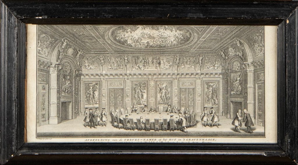 Treves zaal kopergravure op het Hof in 's-Gravenhage , Antiek en Kunst, Ingelijst, Stadsgezicht, Ophalen of Verzenden, Gravure