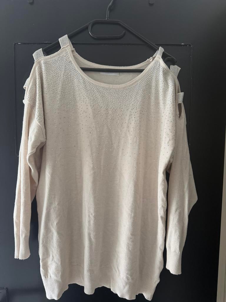 Mooie trui met steentjes, Ophalen of Verzenden, Zo goed als nieuw, Maat 38/40 (M), Beige
