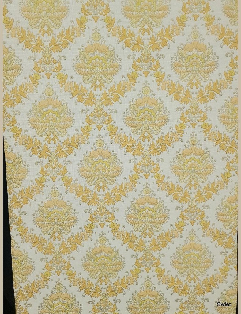 13962 Barok behang geel oranje goud bloemen 70s retro swiet, Ophalen of Verzenden, Minder dan 10 m², Geel