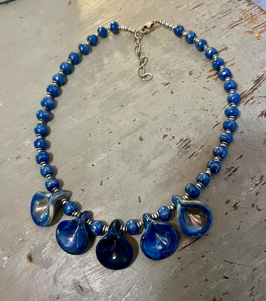 Vintage handgemaakt uniek keramiek ketting collier bohemian, Blauw, Ophalen of Verzenden, Zo goed als nieuw, Overige materialen