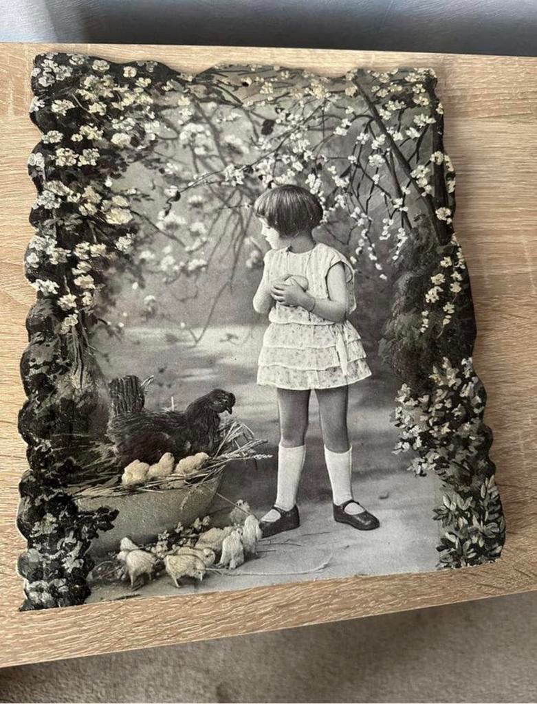 Meisje met kip en kuikens., Huis en Inrichting, Woonaccessoires | Schilderijen, Tekeningen en Foto's, Ophalen of Verzenden, Gebruikt