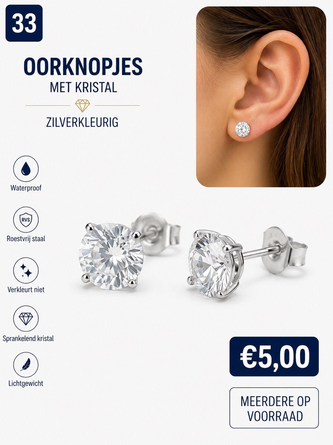 Zilverkleurige Oorknopjes met Sprankelend Kristal, Sieraden, Tassen en Uiterlijk, Oorbellen, Met kristal, Nieuw, Ophalen of Verzenden