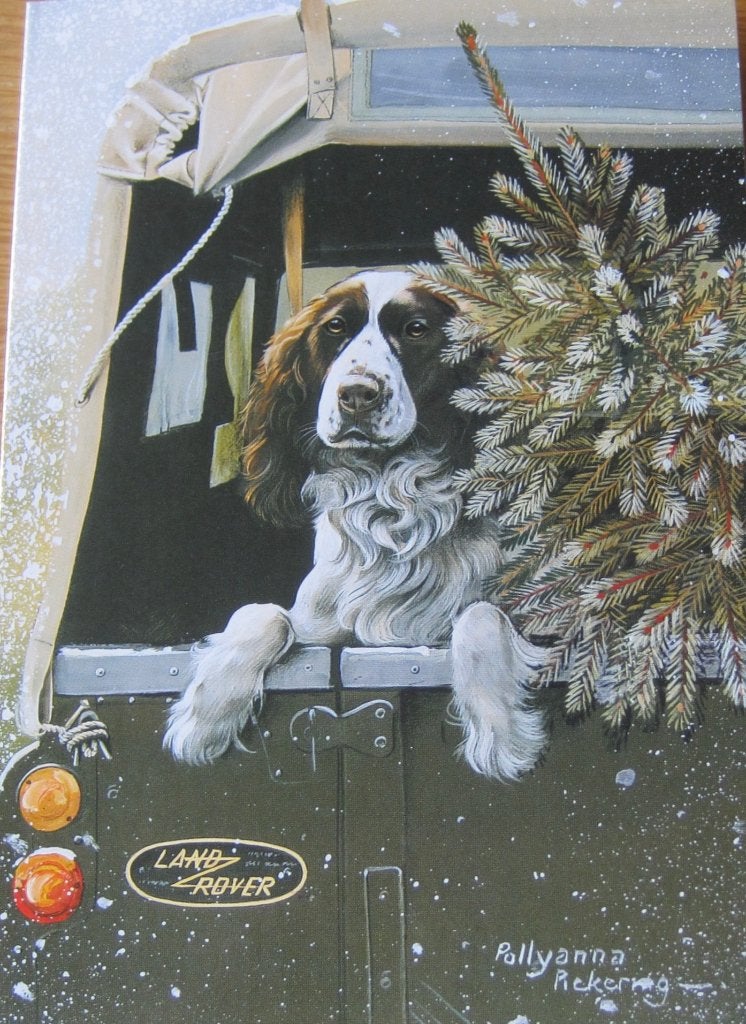 kerstkaart met Engelse spaniel die uit een landrover hangt, Ophalen of Verzenden, Nieuw