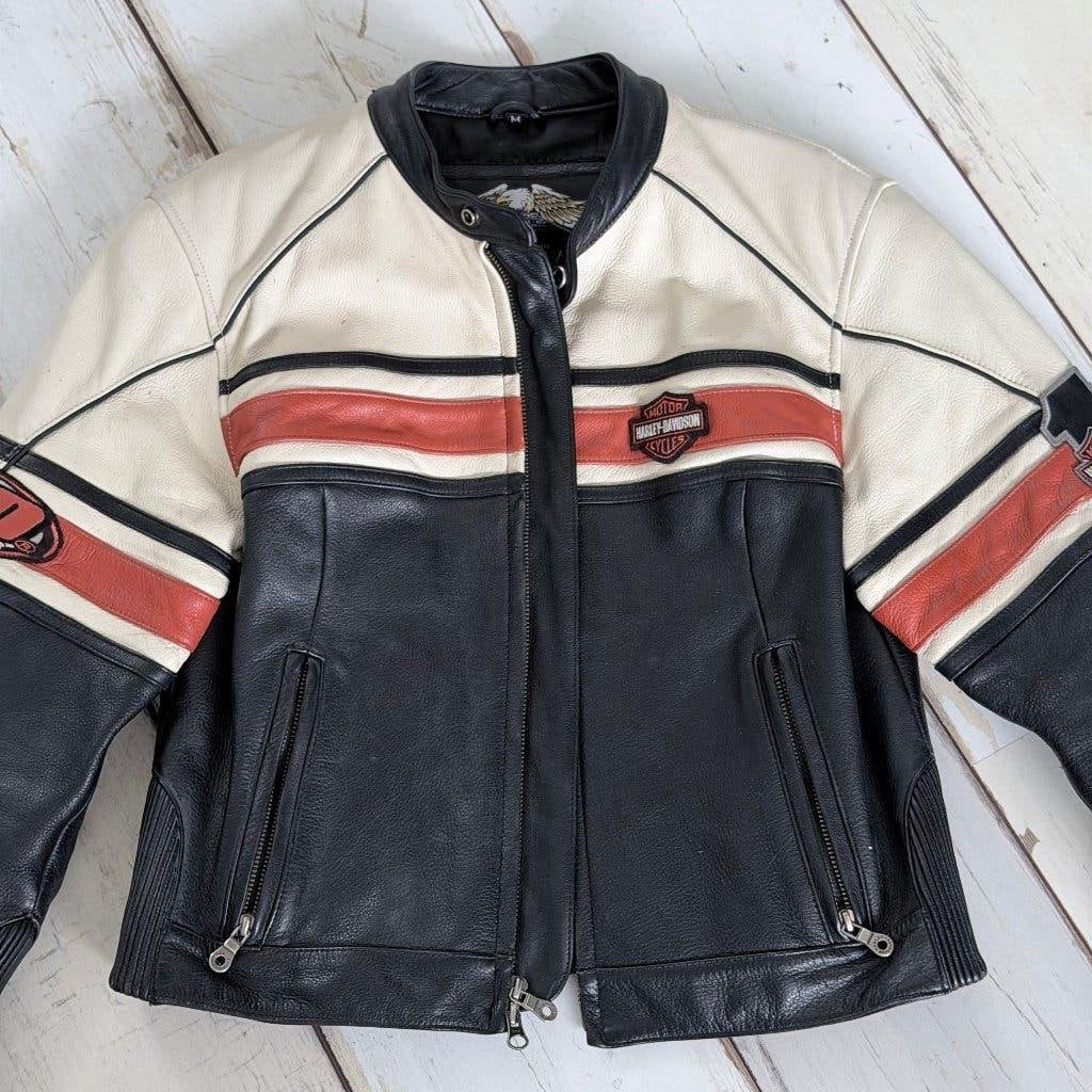 Harley-Davidson dames Leren Motorjas - Zwart/creme/Oranje, Ophalen, Jas | leer, Harley Davidson, Dames