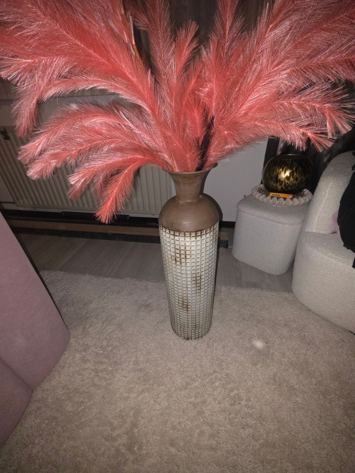 Grote vloervaas met roze pampas pluimen, Ophalen, Gebruikt, Inclusief droogbloemen, Meerkleurig