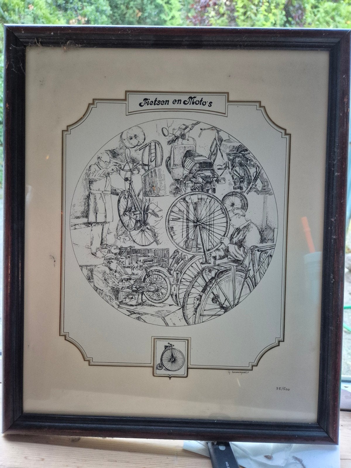 Vintage ingelijste tekening 'Fietsen en Moto's', Ophalen, 50 – 75, Gebruikt, Tekening