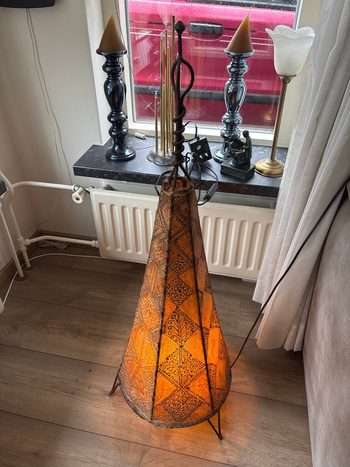Unieke schemerlamp van varkensblaas met oriëntaals patroon, Ophalen, Gebruikt, Natuurlijk materiaal, E27 (groot)