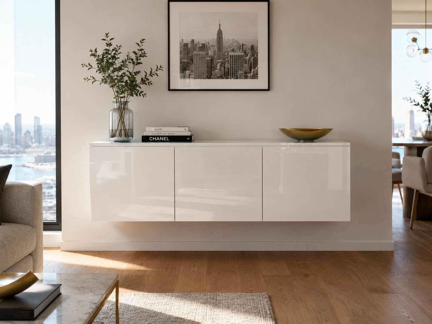 Zwevende kast hoogglans wit met glasplaat, Ophalen, Gebruikt, 150 tot 200 cm, Glas