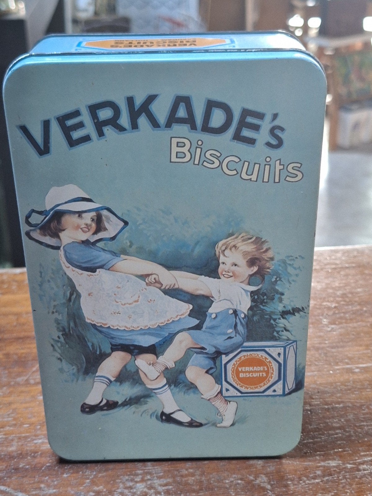 Verkade Biscuits blik lichtblauw, Verzamelen, Ophalen, Gebruikt, Koek(jes), Verkade
