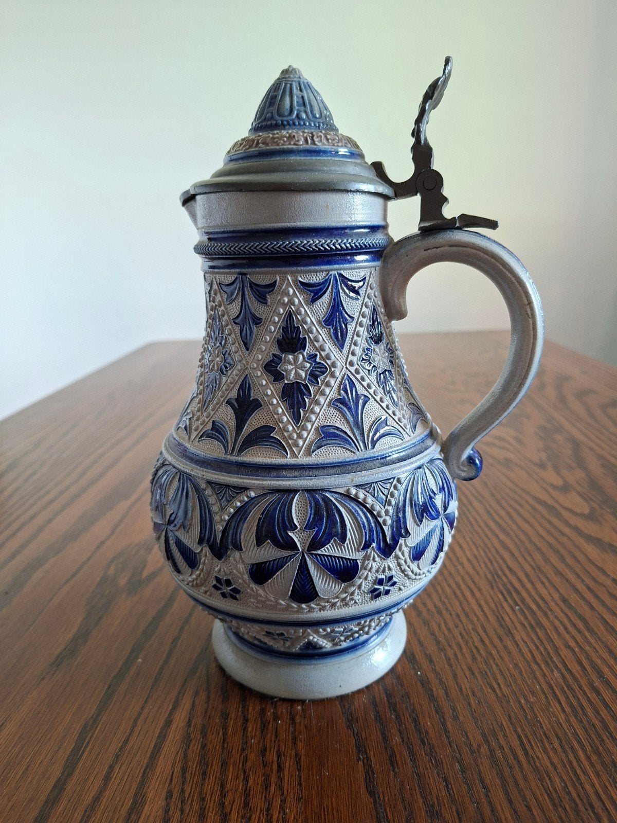 Antieke karaf met deksel - Blauw en grijs keramiek, Antiek en Kunst, Ophalen of Verzenden