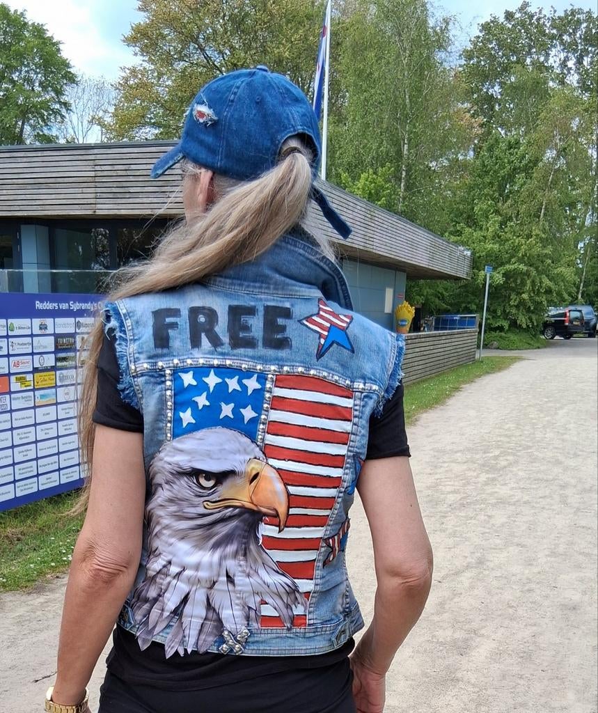 Unieke handgeschilderde denim vesten - USA thema, Kleding | Dames, Jassen | Zomer, Maat 38/40 (M), Blauw, Ophalen of Verzenden