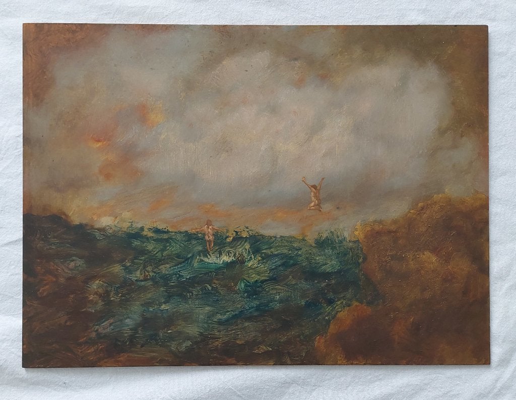 Schilderij van springende mensen in het water - Olieverf, Paneel, Overige stijlen, Portret of Personen, Ophalen of Verzenden