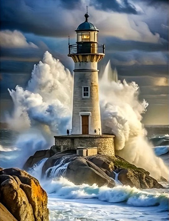 40x30cm Diamond Painting vuurtoren storm (rond) nr 243, Zee en Strand, Nieuw, Meerkleurig, Ophalen of Verzenden