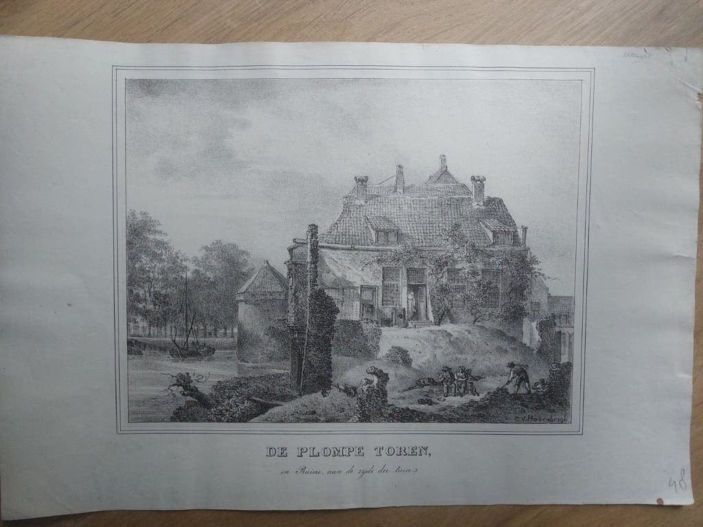 1 / De Plompe Toren Utecht Originele Steendruk uit 1828-1830, Gesigneerd in de plaat, Ophalen of Verzenden, Landschappen, Lithografie