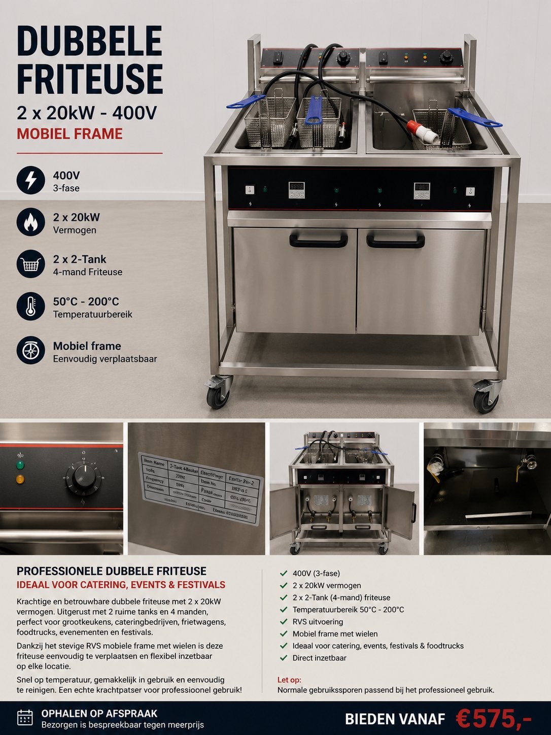 Dubbele Friteuse 2x20kW 400V op Verrijdbaar Frame, 4 liter of meer, Ophalen, Zo goed als nieuw