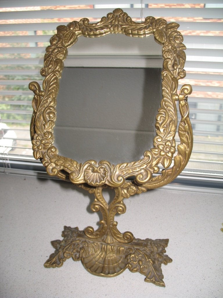 Koperen Kaptafel Kantelbare Spiegel Zolderopruiming, Antiek en Kunst, Ophalen, Ovaal, Minder dan 50 cm