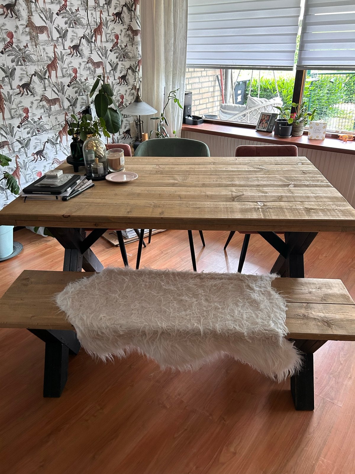 Duitse eethoek: Grote houten eettafel met bank, Huis en Inrichting, Tafels | Eettafels, Ophalen, Gebruikt, 100 tot 150 cm, Vijf personen of meer