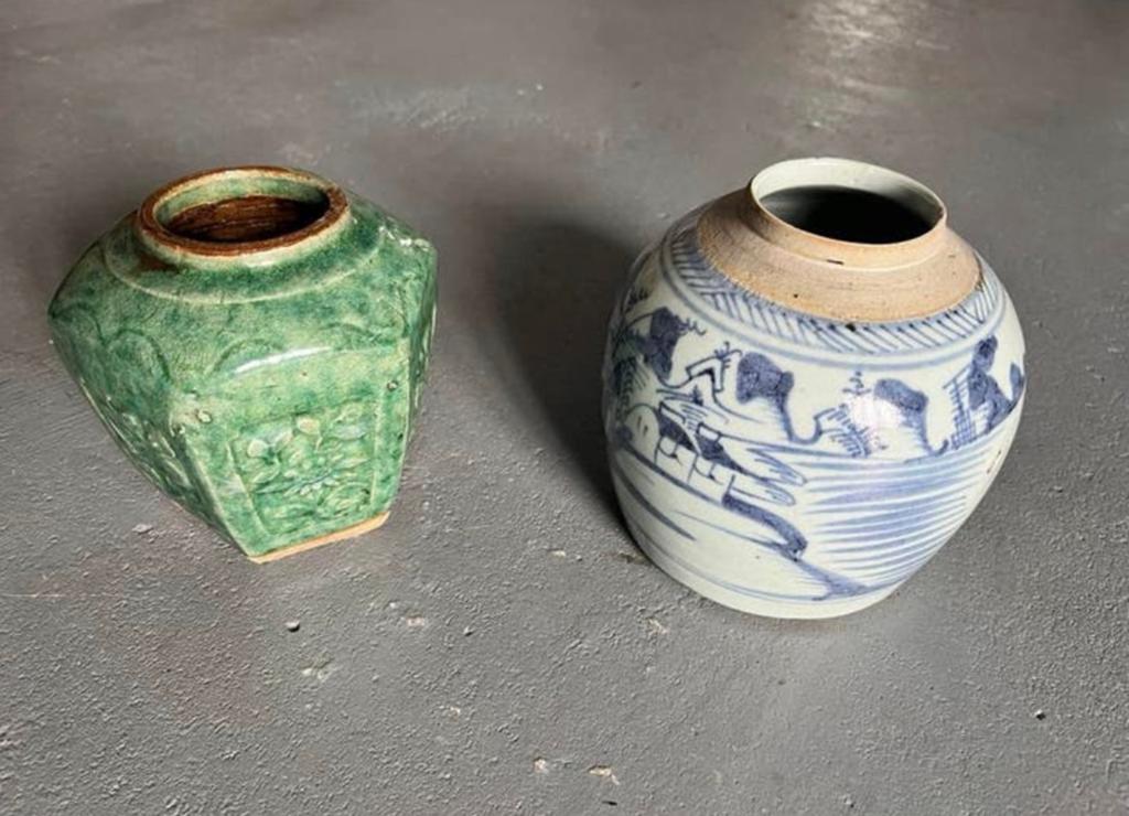 2 oude antieke Chinese gemberpotten aardewerk China, Ophalen of Verzenden