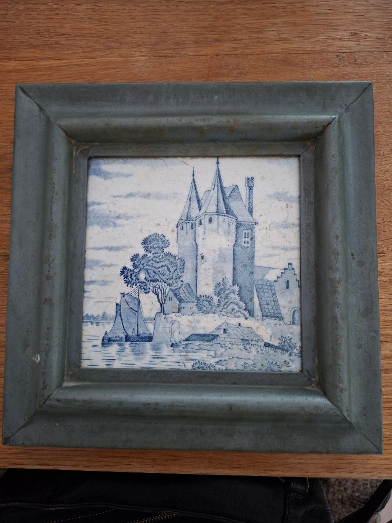 oud tegeltje in zinken lijst, Antiek en Kunst, Ophalen