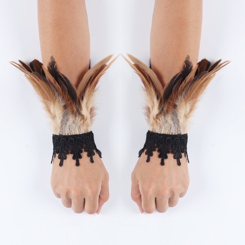 Bruine veren dames handschoenen victoriaanse burlesque punk, Verzenden, Nieuw, Handschoenen, Hoed of Pet
