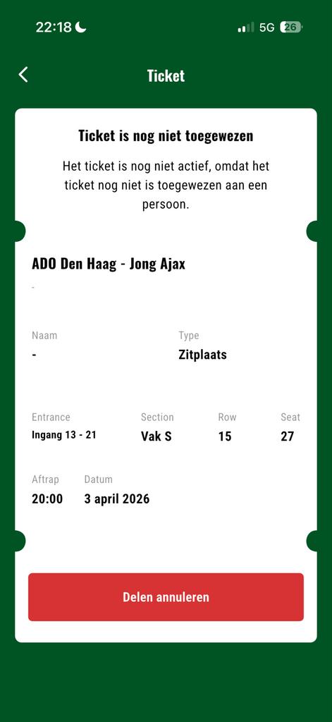 ADO - Jong Ajax 3 april, Tickets en Kaartjes, Eén persoon, April