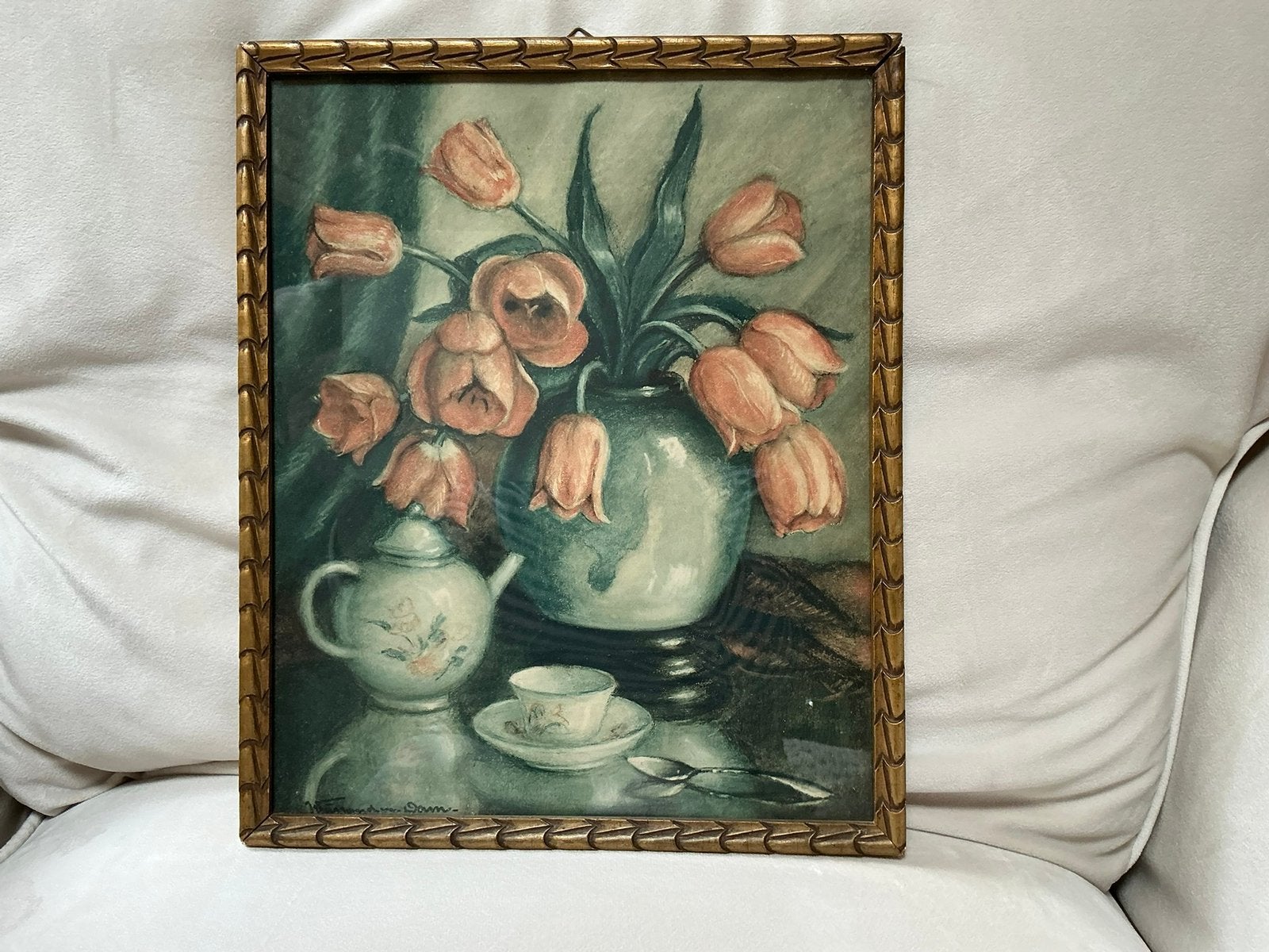 Sfeervolle antieke prent achter glas., Ophalen of Verzenden
