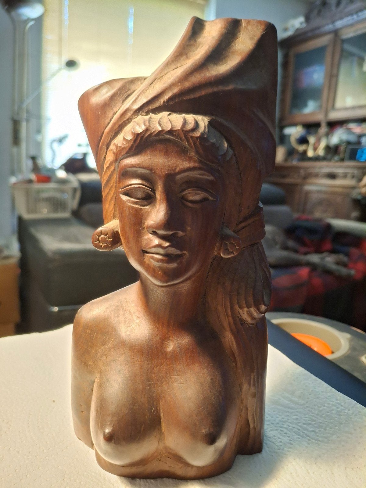 Houten Buste Vrouw met Hoofddoek - Handgesneden, Buste, Ophalen of Verzenden, Handgemaakt, 20 - 50 cm