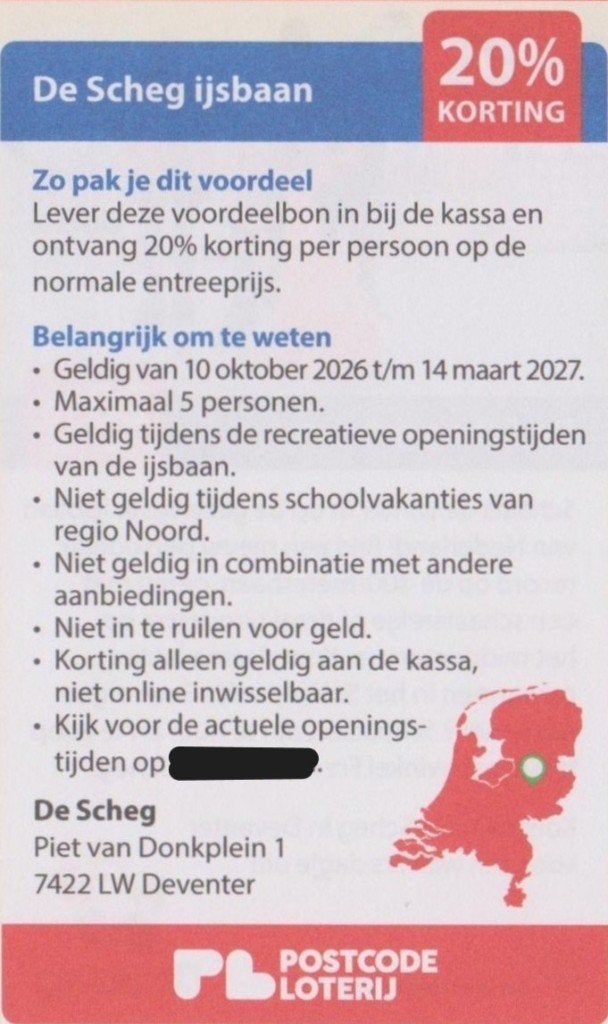 De Sheg ijsbaan, Deventer. 20% korting. Postcodeloterij bon., Tickets en Kaartjes, Recreatie | Pretparken en Attractieparken, Drie personen of meer