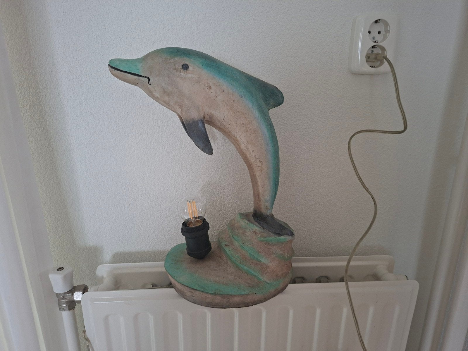 Unieke Handgesneden Dolfijn Lamp - Vintage Stijl, Ophalen of Verzenden, Gebruikt, Hout, Vintage