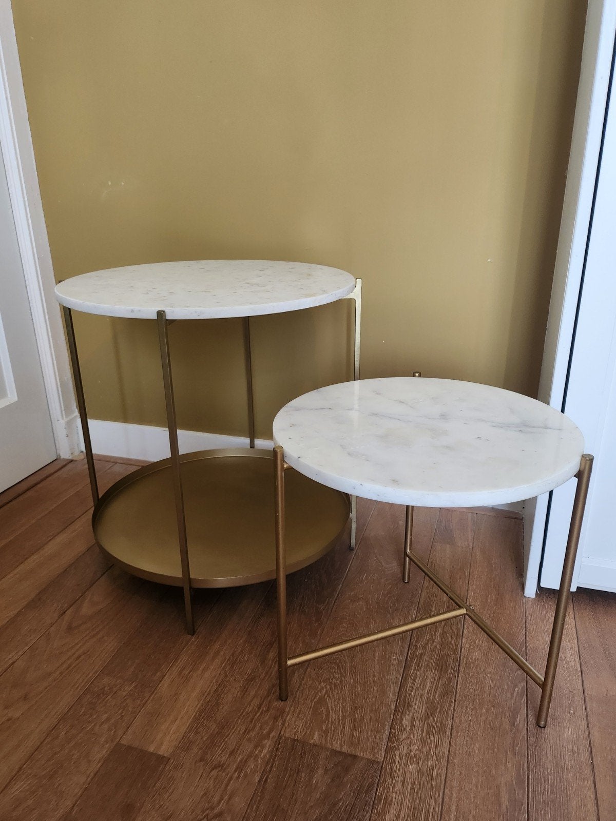 2x Bijzettafel "Senna" echt marmeren blad, messing, salon, Ophalen, Minder dan 45 cm, Minder dan 55 cm, Gebruikt