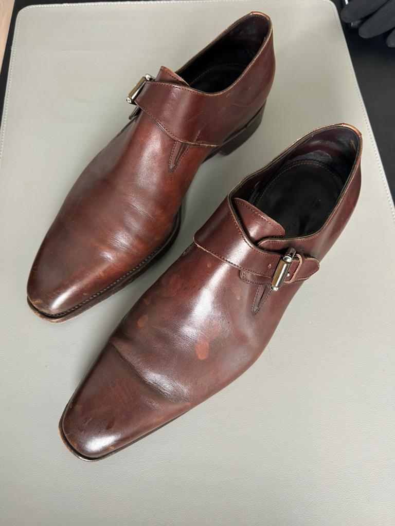 Handgemaakte leren Santoni schoenen, Bruin, Ophalen of Verzenden, Gespschoenen, Zo goed als nieuw