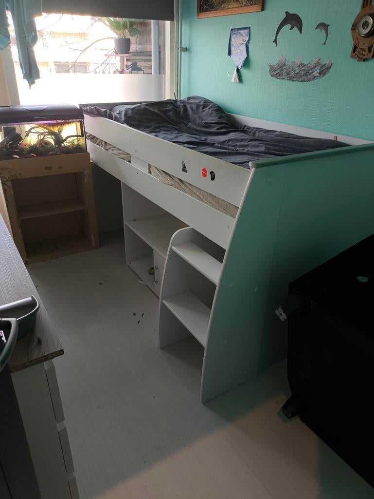 Witte halfhoogslaper met opbergruimte en trap, Ophalen, Gebruikt, Halfhoogslaper