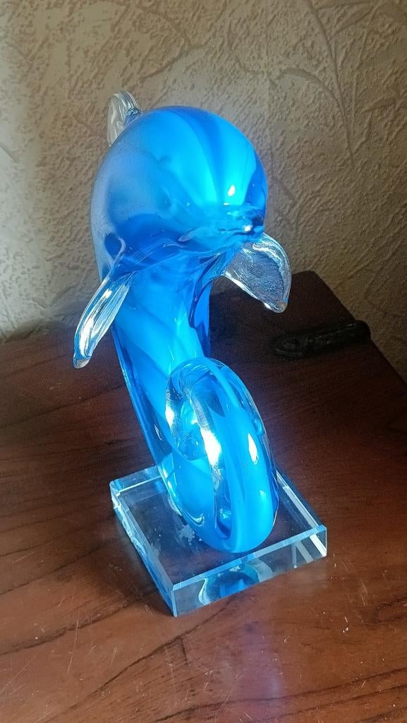 Murano glazen dolfijn - blauw en blank, 20 cm hoog, Antiek en Kunst, Ophalen of Verzenden