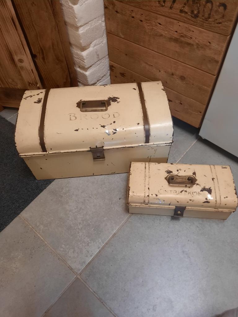oude antiek zeldzaam samen set broodtrommel +ontbijtkoek tro, Ophalen of Verzenden