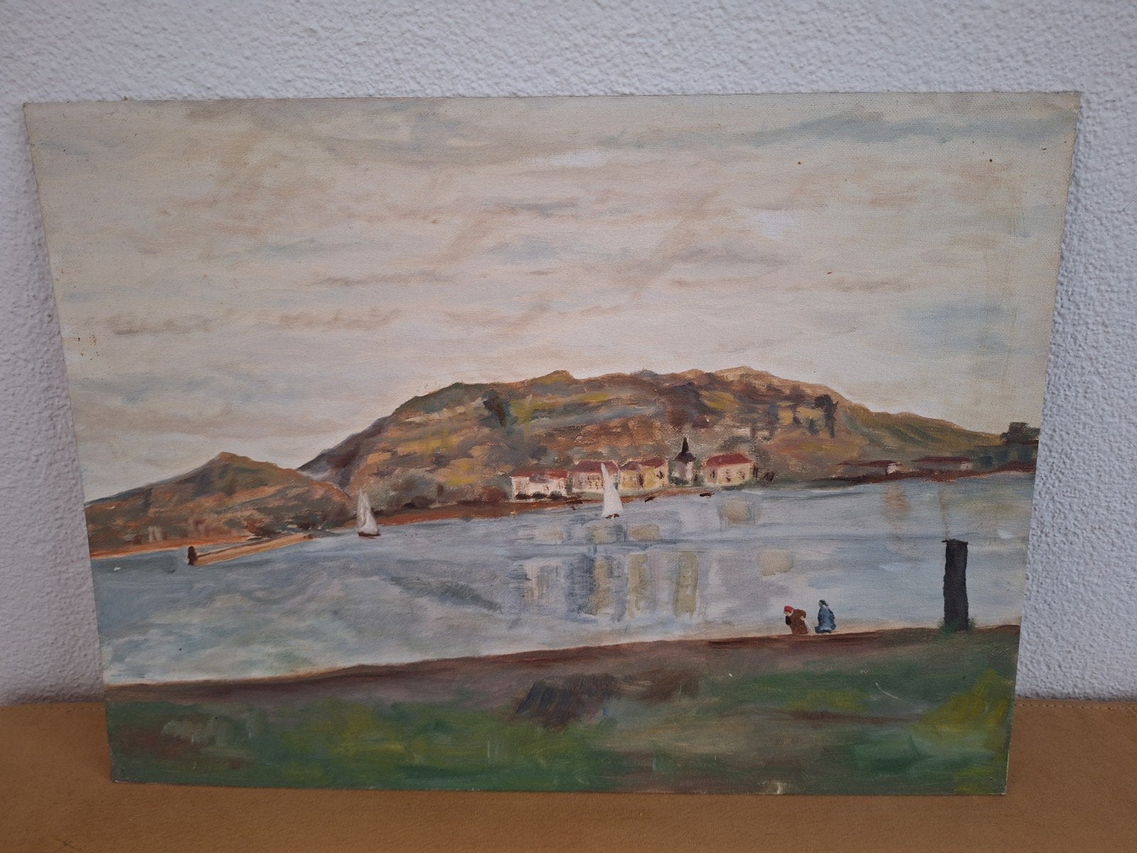 Schilderij Landschap met water en boten, Antiek en Kunst, Ophalen, Paneel, Realistisch, Landschap