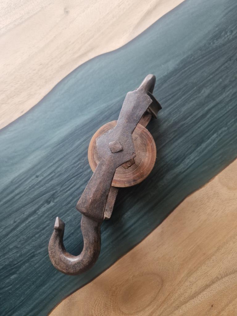Vintage industriële katrol / hijsblok met houten wiel, Ophalen of Verzenden