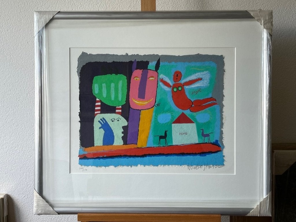 Wouter Stips, ingelijste zeefdruk Cat, angel, home, Ophalen