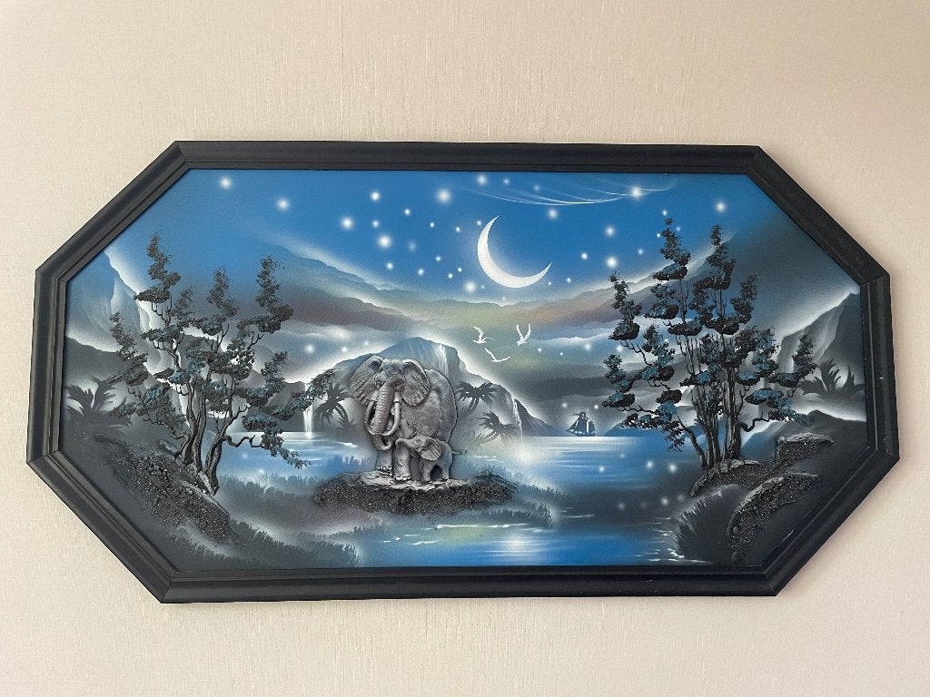 Reliëfschilderij - landschap met olifant, Antiek en Kunst, Ophalen, Overige stijlen, Dieren, Overige technieken