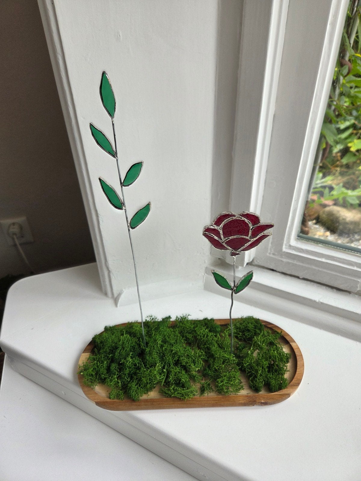 Glas in lood plantjes: Rode roos met mooie olijftak, Meerkleurig, Overige stijlen, Nieuw, Ophalen of Verzenden