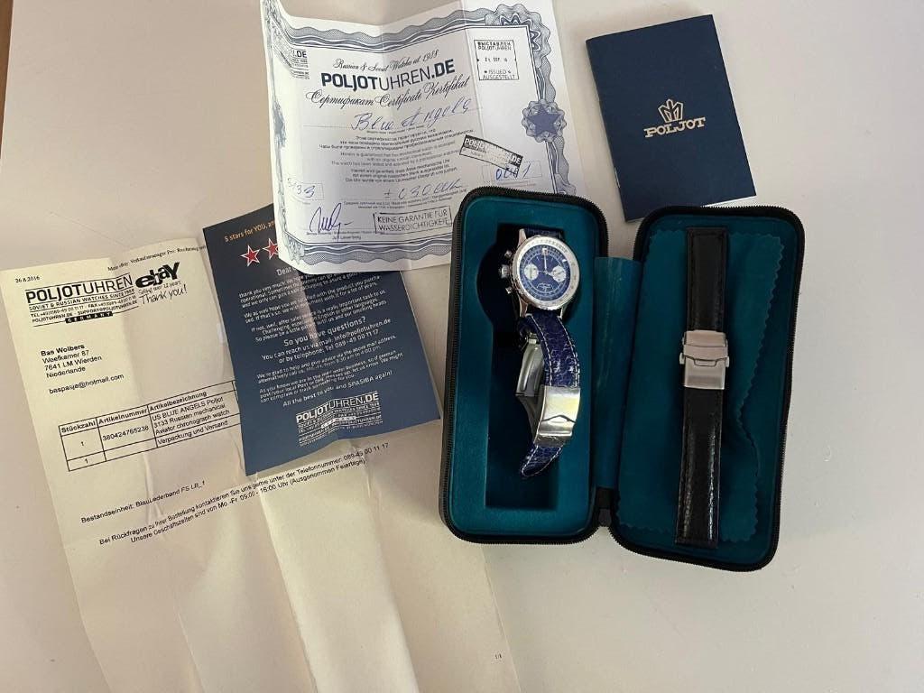 Poljot 3313 Bleu Angel met certificaat, Overige merken, Leer, Staal, Polshorloge