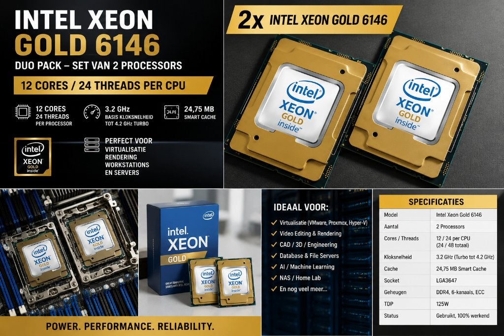 Intel Xeon Gold 6146 12 Cores / 24 Threads per CPU, Computers en Software, Intel Xeon, Ophalen of Verzenden, Zo goed als nieuw