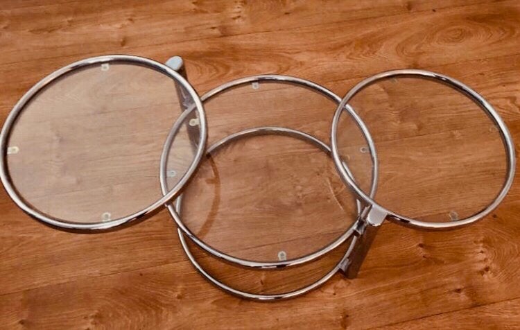 LEITMOTIV, ”Dubble Swivel” Tafel ,Glas, Chroom, SPACE AGE, Gebruikt, 100 tot 150 cm, Bauhauss, Space age, retro, vintage , chroom , modern , design