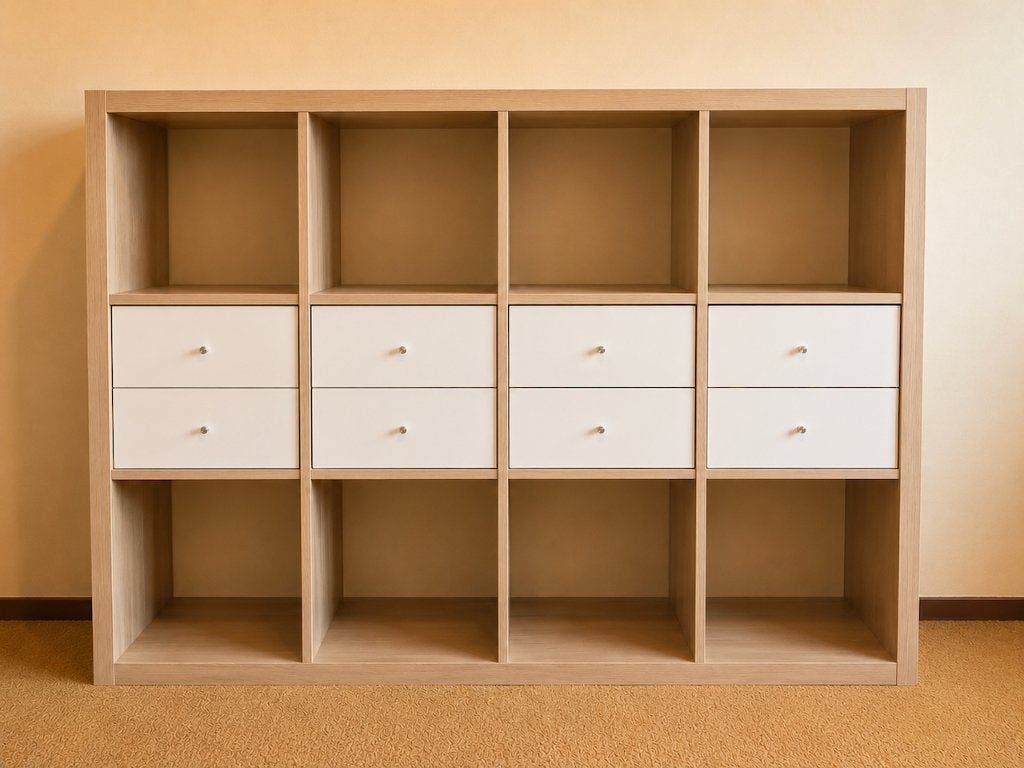 IKEA KALLAX 4x3 kast met 8 lades – eikenlook / wit, Ophalen, 100 tot 150 cm, 100 tot 150 cm, Zo goed als nieuw