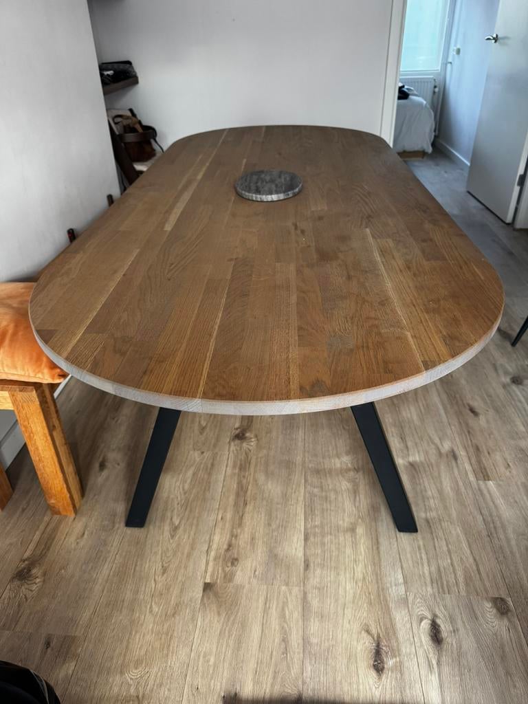 Eiken eettafel 220x90 – industriële metalen X poten – WOOOD, Huis en Inrichting, Tafels | Eettafels, Ophalen, Gebruikt, 100 tot 150 cm