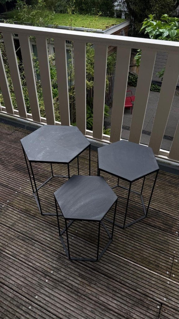 Set van 3 zwarte bijzettafels, Huis en Inrichting, Tafels | Bijzettafels, Minder dan 55 cm, Rond, Zo goed als nieuw, Ophalen